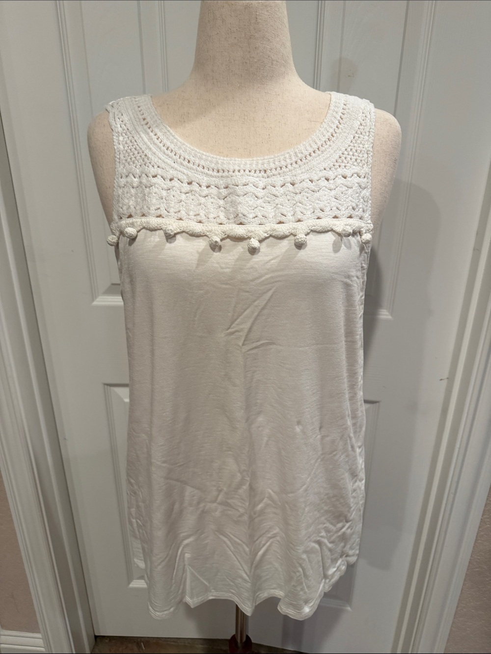 J. Jill White Crochet Yoke Tank with Pom Trim L